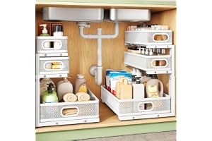 Under Sink Organizer, 2pcs 3 Tier Height Adjustable Organizer, Thickened Metal Pull out Cabinet Shelf, Slide out Storage Drawer Rack, for Bathroom, Kitchen, Pantry, Home, Laundry Organization (White)