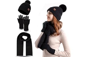 FUBABCO Set Cappello Sciarpa Guanti Invernali Donna, Set Cappelli Sciarpa e Guanti Maglia Caldo Donna Cappello Pompon e Sciarpa Lunga e Guanti Touch Screen per Donne Ragazze Che Sciano All'aperto