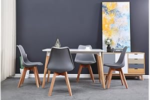 GrandCA HOME Rechteckiger Esstisch mit 4 Esszimmerstühlen, geeignet für Esszimmer, Küche, Wohnzimmer, weißer Esstisch und graue Stühle