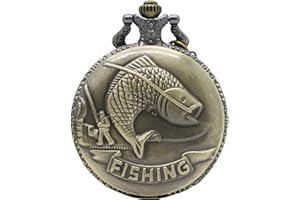 Designer Inspirations Boutique ® Fishing/Angling 3D Brushed Bronze Effect Antiqued/Vintage Case Men's Quartz Pocket Watch Necklace - On 32" Inch / 80cm Chain