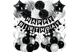 Recosis Schwarz Weiß Geburtstagsdeko, Happy Birthday Banner mit Pompoms Papier Girlande Wimpel Spiral und Luftballon Kindergeburtstag für Mädchen Junge Mann Frauen Geburtstags Dekorationen