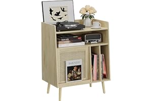 Semiocthome Support de Tourne-Disque avec Rangement en Vinyle, Table de Tourne-Disque avec étagère de Rangement, Support de Plateau tournant avec Porte d'armoire en rotin, Table d'appoint avec Pieds