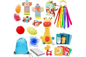 Zouonou 27 Pcs Baby Sensory Toys, Colorful Sensory Toys 0-6 Months,0-12 Month Newborn Toy for Autism ADHD, Rattle Feather Texture Ball Foil Blanket Scarf Ribbon Ring Teether Baby Book Ideal Baby Gift