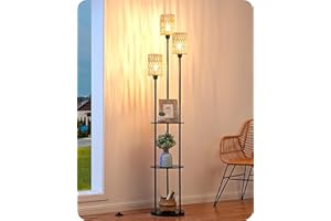 EDISHINE Lampada da Terra Boho Vintage con Mensola e Ripiano Portaoggetti, Piantana 3 Luci E27 con Paralume in Rattan, Lampadine Incluse, Interruttore a Pedale, Lampada Salotto Moderna 178 cm