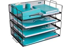 Dasher Products Stackable Paper Tray Desk Organizer 4 Tier Metal Mesh Letter Organizers for Business. Organize Files, Folders, Letters, Paper, Binders