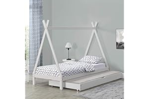 [EN.CASA] Cama para Niños de Madera Pino con Cama Extraíble Superficie Extra en Diseño de Carpa Indio 90 x 200 cm Cama Infantil Estructura Tipi Blanco