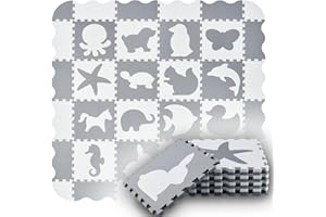 Juskys Kinder Puzzlematte Timon 36 Teile mit 16 Tieren in grau weiß - rutschfest & abwischbar Puzzle ab 10 Monate - Eva Schaumstoff - Spielmatte