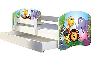 Kinderbett Jugendbett mit einer Schublade und Matratze Weiß ACMA II 140 160 180 40 Design (180x80 cm + Bettkasten, 01 Zoo)