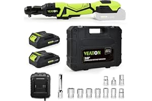 VEATON 3/8" Cordless Electric Ratchet Wrench Set, 74 ft-Lbs 400 RPM 18V Brushless Power Tools Kit with Variable Speed, LED Light, 8 Sockets, 1/2"&1/4" Adapters, 3" Extension Bar, 2x2.0Ah Battery&Charger