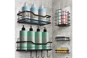 Etagere Salle de Bain, 5 PCS Rangement Salle de Bain, Etagere Douche Sans Percage Accessoire Salle de Bain, Étagère Douche Rangement Douche Noir, Etagere Rangement en Acier Inoxydable 304