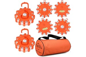Yandu LED Road Flares (6 PACK) Emergency Beacon Safety Flare Flashing Warning Light for Car Truck Boat with Hook and Magnetic Base (Pack of 6, Orange)