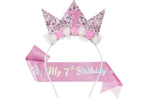AOOTE Corona Compleanno Bambina, 7 Anni Fascia Tiara, Cintura Di Compleanno per Bambina, Principessa Cerchietto Corona, Corona Con Fiori di Rosa, per Ragazze, Decorazioni Compleanno, Festa, Natale
