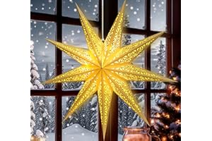 HOUISM 60CM Large Paper Star Lanterns Christmas Paper Lights Lampshade White Hanging Star Decorations Foldable Lamp Shade for Weddings Christmas Winter Holiday (Incl.Lights)