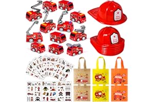 Tacobear 48 Pezzi Kit Festa Pompieri Camion Pompieri Giocattolo Casco Pompiere Tatuaggi Temporanei Sacchettini Borse da Festa Vigili del Fuoco Giocattoli Gadget Regalini Festa Compleanno per Bambini