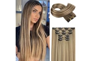 FLUFYMOOZ 6PC Clip in Hair Extensions 24" Straight Long Extensions for Women Synthetic Hairpiece (Brown with Blonde Highlights)