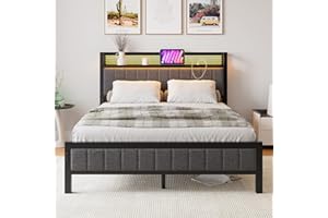 BORPHOM Rama łóżka z diodami LED, stacja ładująca, łóżko podwójne/pojedyncze łóżko dla gości, metalowe łóżko tapicerowane, 140 x 200 cm, rama łóżka z metalu, łóżko młodzieżowe ze stelażem, zagłówkiem