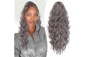RUWISS Coleta Postiza Pelo Natural, Extensiones Pelo Rizado Coleta Postiza Larga Gris Ondulado Sintética Ponytail 50 cm Cola Caballo Extension para Mujeres