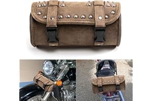 APEBAZY Sacoche de fourche de moto universelle - Sac à outils - En cuir synthétique - Marron - Décoratif avec rivets - Pour porte-bagages arrière Sissy Bar (marron)
