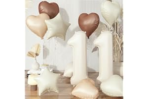 GOVPY Large Number 11 Balloons, 40'' Beige Nude 11 Balloon with Foil Cream Star Balloon Decor, Neutral Brown Tan White Sand Helium Heart Balloon for Girls Boy 11th Birthday Anniversary Party Boho Decoration