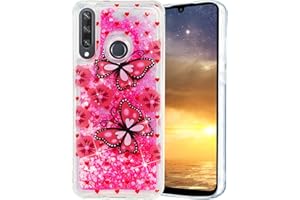 HopMore Glitter Funda para Huawei Y6p 2020 Purpurina Silicona Cover 3D Liquido Brillante Dibujos Transparente Carcasa Huawei Y6p 2020 Resistente Antigolpes Case Protección - Mariposa Rosa