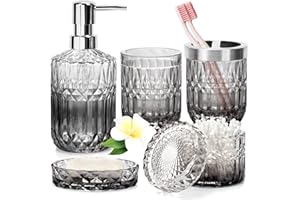 GOLDMEET 5 Stück Glas Badezimmer Zubehör Sets, Seifenspender Set mit Seifenspender, Seifenschale, Zahnbürstenhalter, Wattestäbchen Kanister, Becher, Badezimmer Deko Set, Badezimmer Organizer