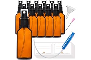 HandsUnity 50ml-12pcs de Flacon Pulvérisateur en Verre - set de Flacons en Verre Ambré de Pharmacie avec Vaporisateur Noir Flacon Pulvérisateur en Verre Brun comprenant 29 Accessoires