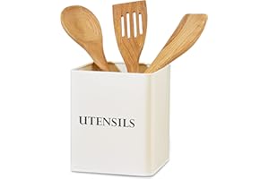 andrew james Vintage Kitchen Utensil Holder Caddy | Large Retro Square Storage Holder Cream with Black Text | Vintage Style | 14cm x 14cm x 16.3cm (Cream)