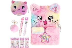 Tearmier Secret Diary with Lock for Girls, Plush Cat Journal Notebook Set Cat Lockable Diary with Pompoms Keychain, Multicolored Pen, Diamond Stickers Gift for 6-12 Year Old Girls Birthday Presents