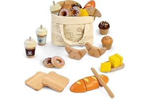 Little Log Ensemble de jouets de boulangerie en bois Jeu de nourriture en bois pour petit-déjeuner Accessoires de cuisine pour faire semblant de jouer Couper des aliments Cadeau pour garçons et filles