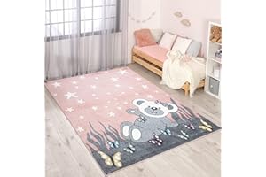 ‎CARPET CITY carpet city Teppich Kinderzimmer Teddy-Bär - Rosa, Grau - 80x150 cm - Kinderteppich Kurzflor mit Sternen, Schmetterlingen - Weicher Flor
