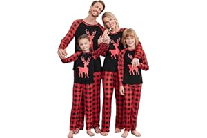 Ekouaer Weihnachtspyjama Familie Schlafanzug Weihnachtsoutfit Pyjama Set Langarm Tops+Hosen Neujahr Zweiteiliger Sleepwear Nachtwäsche für Damen Herren Kinder