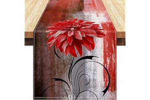 SERENTO Camino de Mesa Navideño Camino de Mesa Gris y Rojo Camino de Mesa de Lino Mantel de Navidad Flor Moderna Comedor Camino de Mesa de Café para Mesa de Comedor Boda Cocina Granja 40x140cm