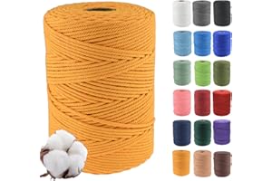 Klhamky Hilo Macrame 4mm x 300m, 100% Algodó Cordel Hilo Natural, Cuerda Macrame de Algodón Suave de 4 Hilos, para Manualidades para Colgar Plantas, Macrame Pared, Macrame Cortinas,Amarillo Dorado