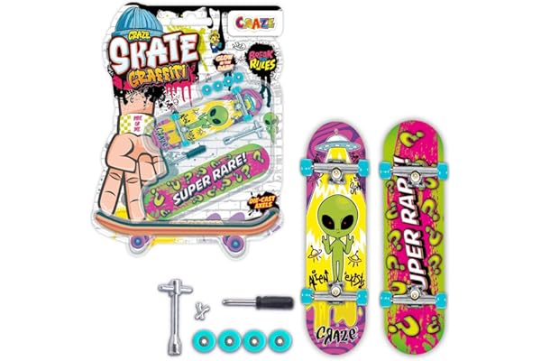 Craze Skate – Pack de 2 Mini Skate Doigt – Designs Aléatoires Parmi 4 Modèles – Fingerboard Personnalisable avec Outils et Pièces