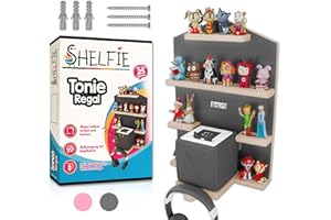 ‎SHELFIE SHELFIE Haus - magnetisches Tonie-Regal für Tonie Box inkl. Ladestation, ca. 25 Tonie Figuren und Kopfhörer - 43x30cm (Grau, Haus)