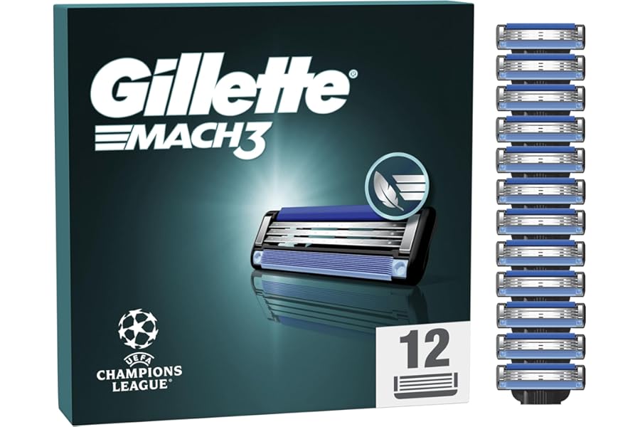 UEFA Champions League Special Edition Gillette Mach3 Men’s Razor Blade Refills, 12 Count, Engineered with Precision Cut Steel for Up to 15 Shaves Per Blade