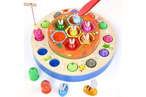 MOVEONSTEP Wooden Magnetic Fishing Toy for Kids 3 Years Old, 2 in 1 Montessori Educational Toy Party Play Game Christmas Birthday Gift for Girls Boys