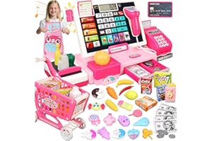 Herenear Cassa Giocattolo per Bambini, Cassa Supermercato Giocattolo - Con 52 Accessori(Vera Calcolatrice/Scanner/Soldi Finti/Cibo, Ecc.), Giocattolo Educativo Regalo per Ragazze Ragazzi 3 4 5 6 7 8