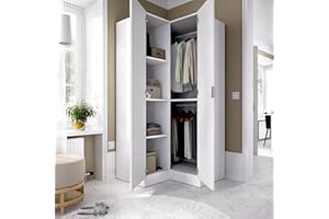 Dmora - Guardaroba Elgon, Mobile angolare per camera da letto, Armadio appendiabiti ad angolo a 2 ante battenti, 91x93h184 cm, Bianco