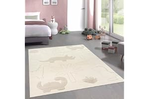 CARPETIA Babyrum, matta, barnrum, underlag, dino, växtmönster, hög kvalitet, i creme, 160 x 220 cm