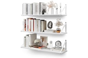 CASSA HOME DECOR CASSA ZENO Étagères murales suspendues pour le mur, lot de 3, 80 cm x 20 cm Étagère Bibliothèque pour chambre à coucher Salon Bureau Salle de bain Cuisine Bois rustique avec support métallique (blanc)