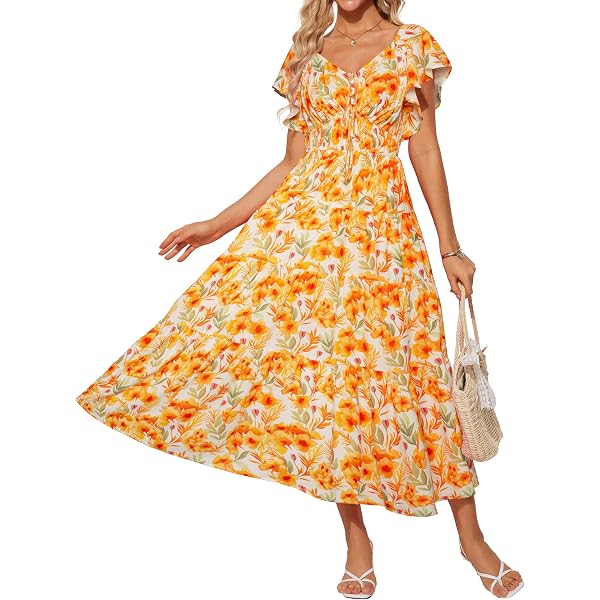 Kormei Women's Boho V-Neck Midi Dress - Smocked Waist, Short Sleeve, A-Line Swing With Pockets - View #9