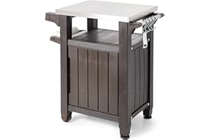 Keter Unity Portable 40 Gal Outdoor Table and Storage Cabinet w/ Accessory Hooks, Stainless Steel Top for Patio Kitchen Island or Bar Cart, Dark Brown