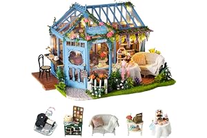 CUTEROOM DIY miniatyrhus kit för vuxna, dockhus växthus med LED-ljus, rosenträdgård tehus, 3D pussel bokstöd gjord av trä modell kit