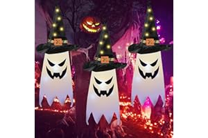 GEULIEBY Halloween Deko Outdoor, 3 Stück Hängend Leuchtend Geist Hexenhut Halloween Deko Garten, Halloween Deko für Zuhause Baum Garten Hof, Halloween Festliche Atmosphären Horror Motto Party Requisiten