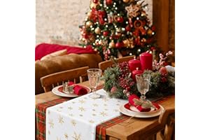 Fennoral Camino de Mesa Navideño 120x30cm Camino de Mesa de Invierno Peluche Camino de Mesa Navideño Blanco con Copo de Nieve en Lentejuelas Doradas- para Decoración Navideña de Mesa