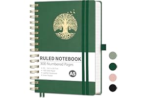 RETTACY A5 Notebook-Spiral Bound Notebook Journal for Men,Lined 300 Pages Hardback Leather Note Pad with 100gsm Thick Paper for Writing,Inner Pocket,Sticky Notes,14.5 x 20.7cm - DarkGreen