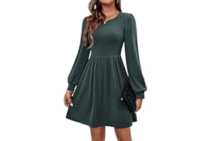 Hotouch Herbstkleid Damen Langarm Kleid Knielang Strickkleid Rundhals Herbst Kleider A-Linie Winterkleid Knielang Blusenkleid mit Taschen Grün M