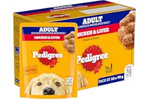 Pedigree Adult Wet Dog Food, Chicken & Liver Chunks in Gravy, 70 g (Pack of 15), Complete & Balanced Meal for Adult Dogs