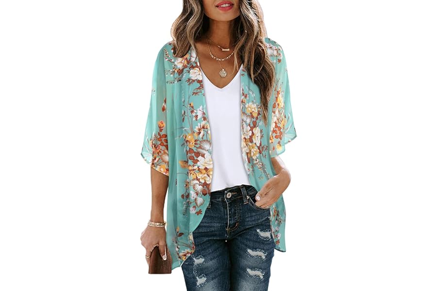 florynova Women’s Causal Kimono Cardigan Summer Tops Loose Fit Beach Cover Ups Floral Print Blouses